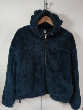 ​Old Navy Teal Blue Fuzzy Plush Fleece Full Zip Hooded Jacket Gold Zip L